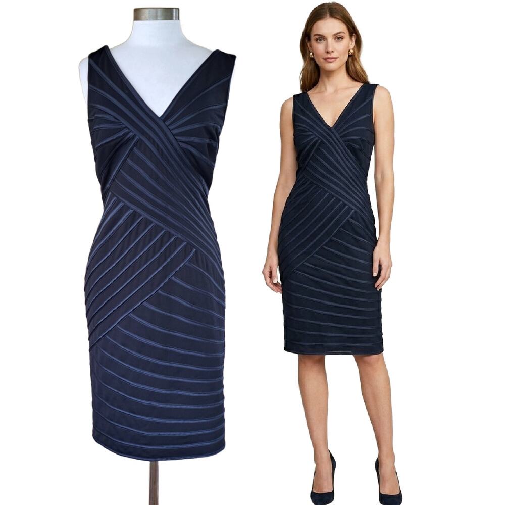Tadashi Shoji Navy Blue Pintuck Ribbon Sheath Dress V-Neck Cocktail Wedding L